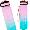 MOTIWATER Trinkflasche mit motivierenden Sprüchen & Uhrzeit - Variante: Türkis / Pink  (Schrift weiß)