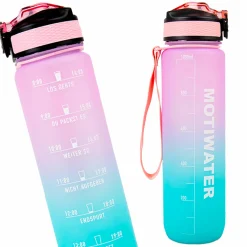 MOTIWATER Trinkflasche mit motivierenden Sprüchen & Uhrzeit - Variante: Türkis / Pink (Schrift weiß)