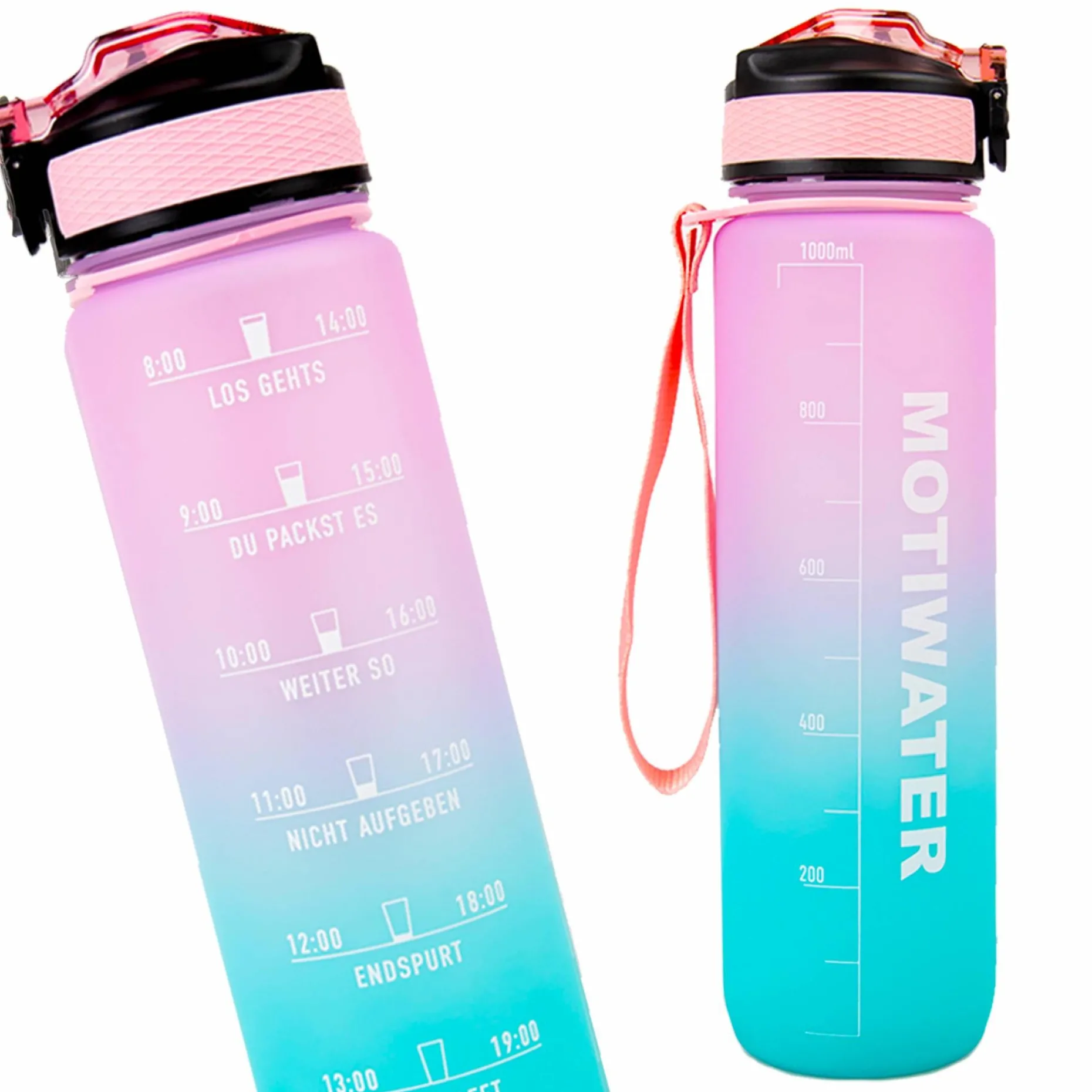 MOTIWATER Trinkflasche mit motivierenden Sprüchen & Uhrzeit - Variante: Türkis / Pink (Schrift weiß)