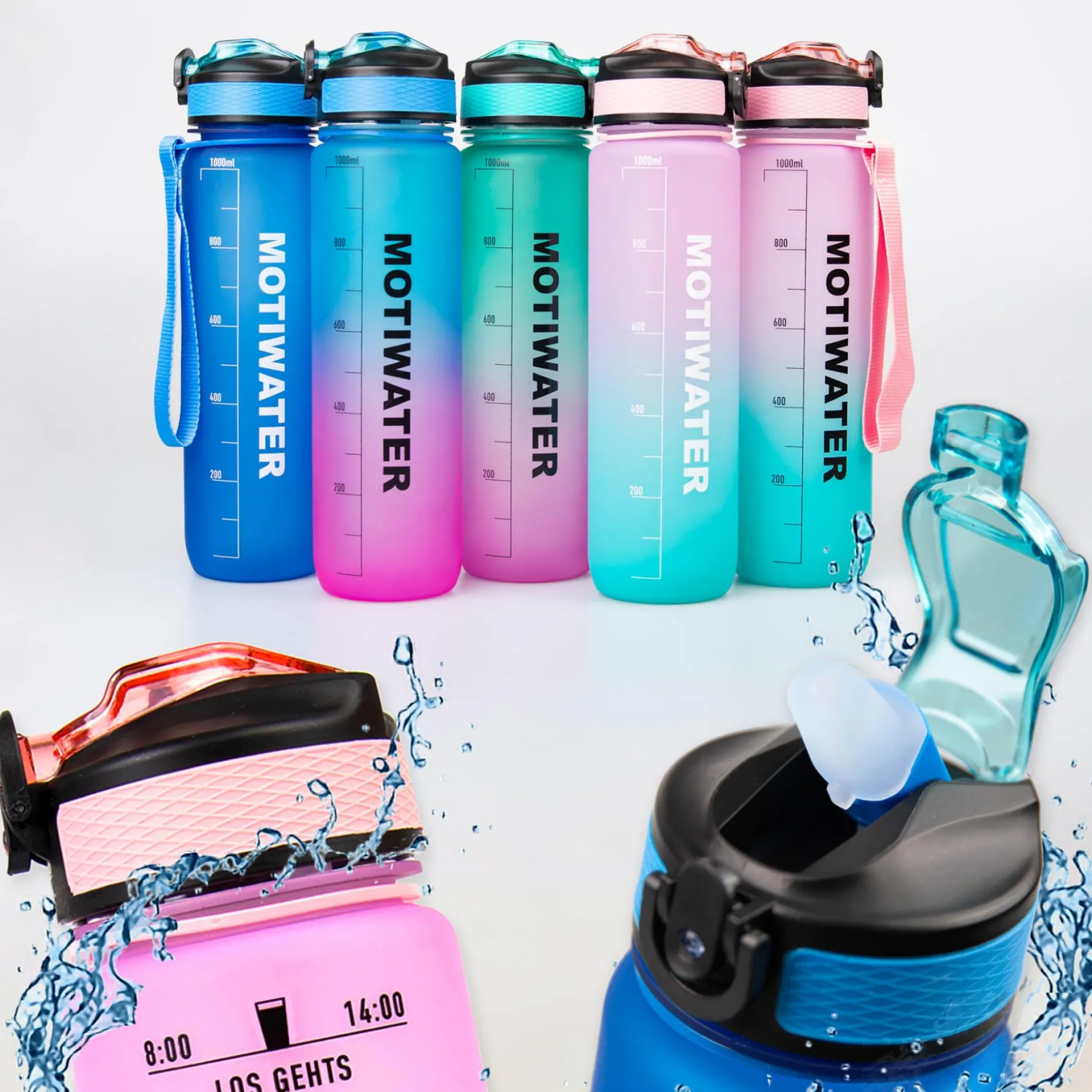 MOTIWATER Trinkflasche mit motivierenden Sprüchen & Uhrzeit - Variante: Türkis / Pink (Schrift weiß)