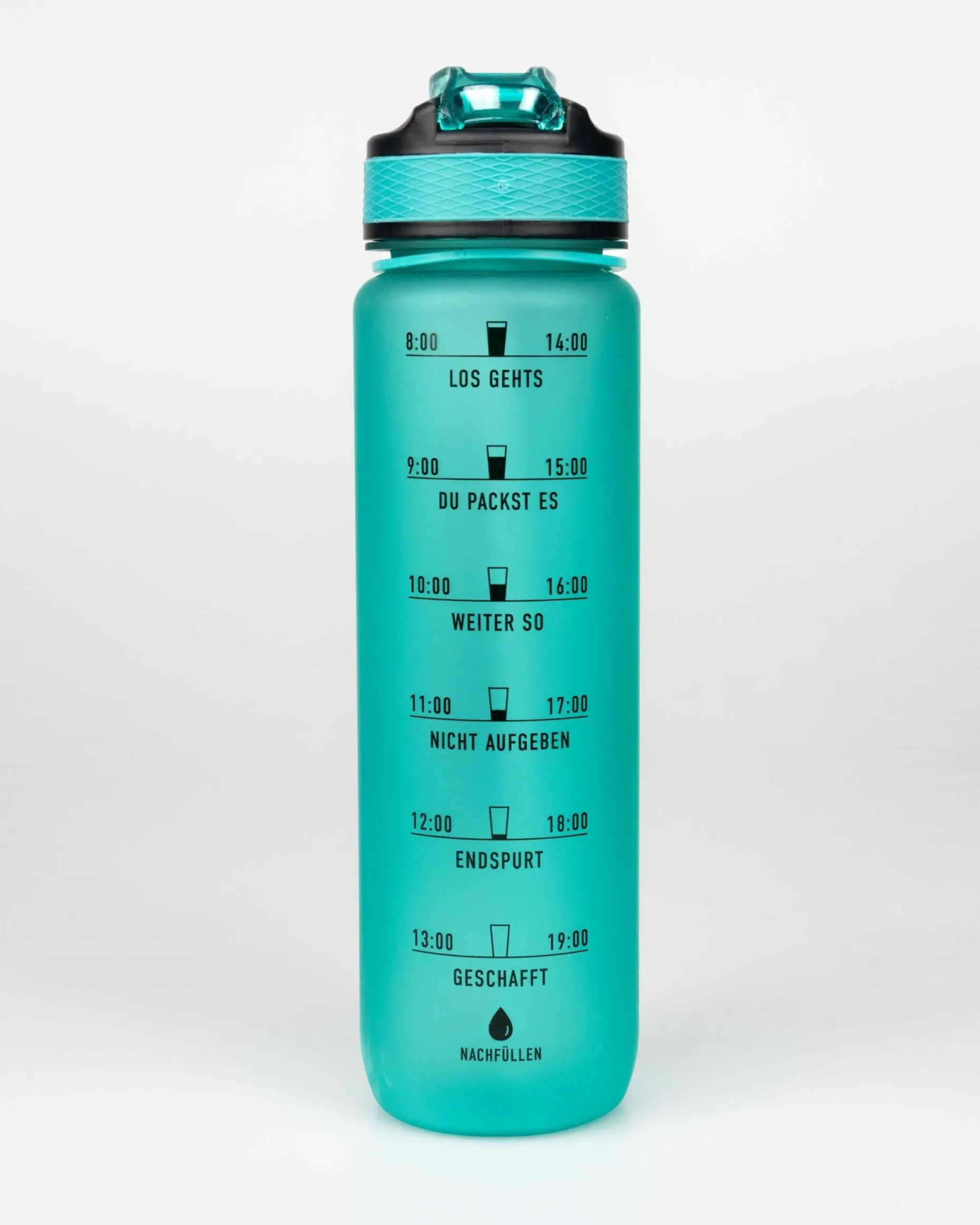 MOTIWATER Trinkflasche mit motivierenden Sprüchen & Uhrzeit - Variante: Grün (Schrift schwarz)
