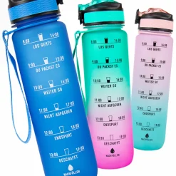 MOTIWATER Trinkflasche mit motivierenden Sprüchen & Uhrzeit - Variante: Türkis / Pink (Schrift schwarz)