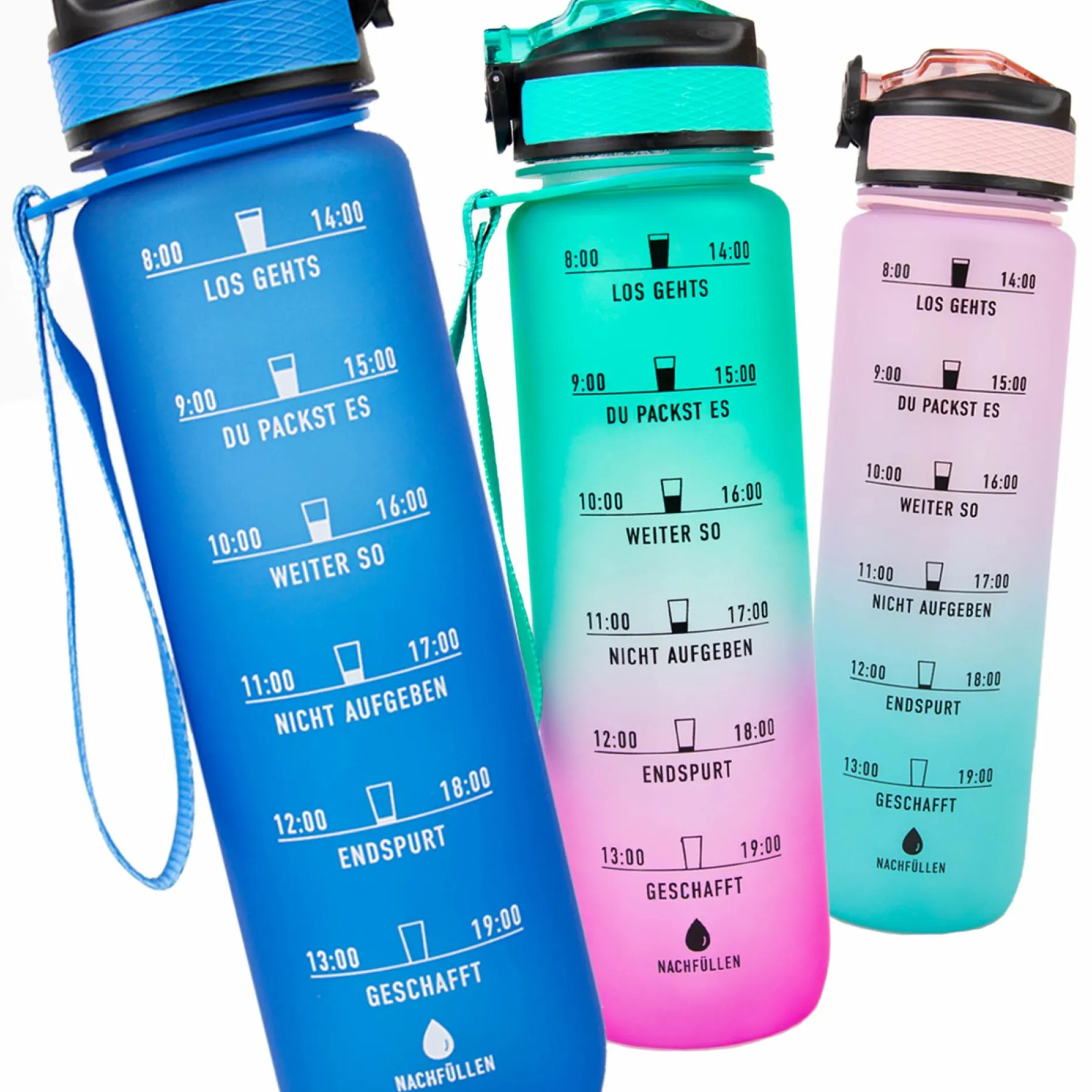 MOTIWATER Trinkflasche mit motivierenden Sprüchen & Uhrzeit - Variante: Türkis / Pink (Schrift schwarz)