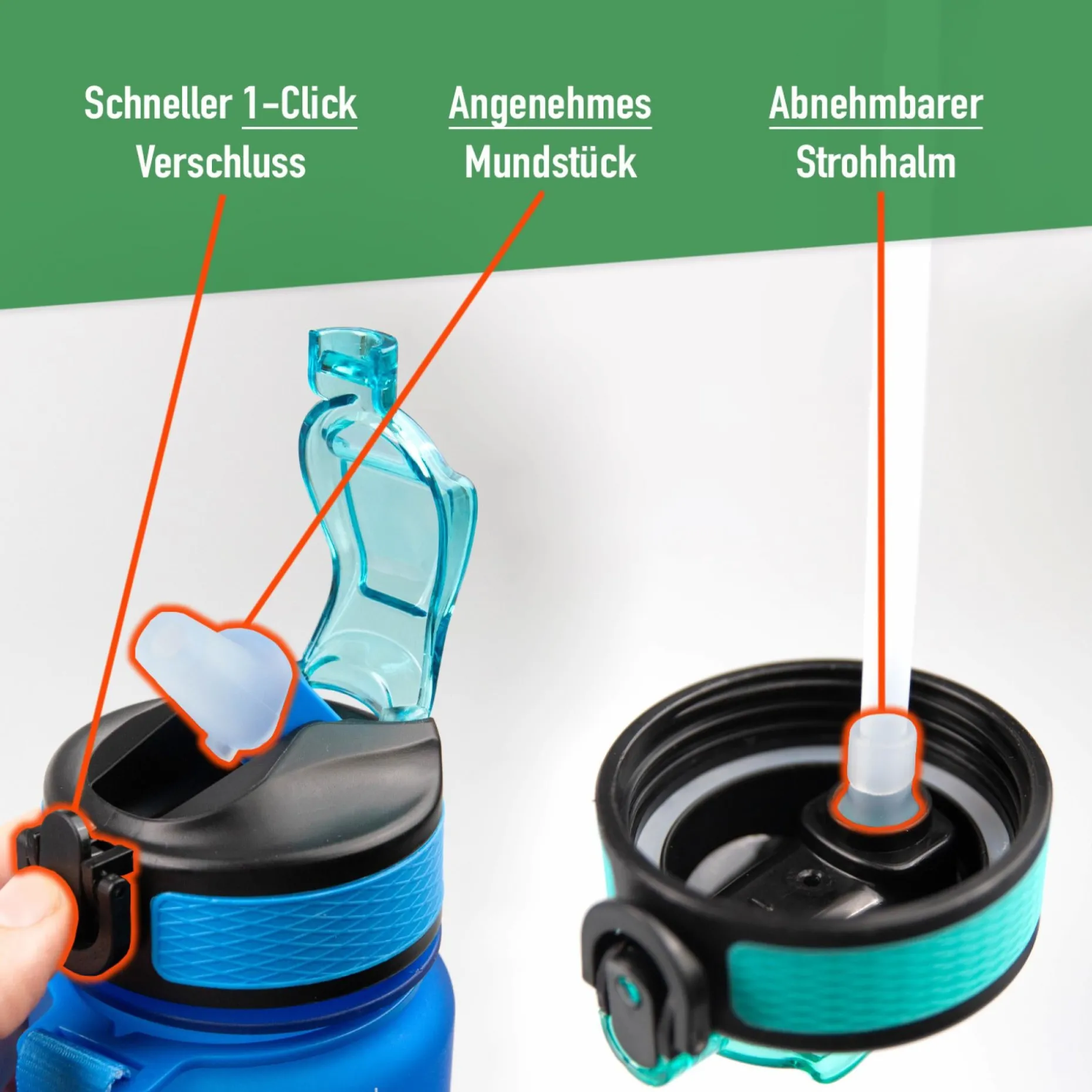 MOTIWATER Trinkflasche mit motivierenden Sprüchen & Uhrzeit - Variante: Grün (Schrift schwarz)